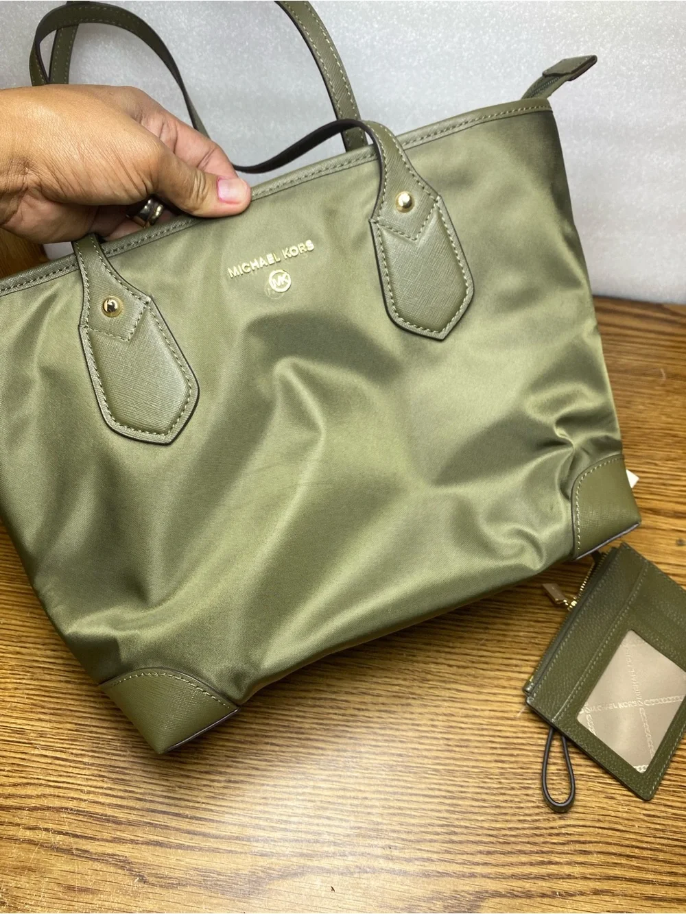MICHAEL Kors Eva Small Zip Top Nylon Green Tote Shoulder Bag With Wallet Bundle